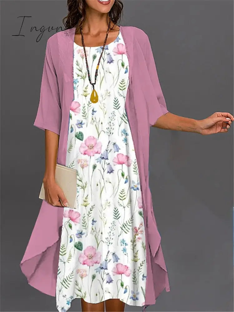 Ingvn - Women's Two Piece Dress Set Casual Dress Print Dress Outdoor Daily Fashion Elegant Print Midi Dress Crew Neck 3/4 Length Sleeve Floral Ombre Loose Fit Pink Dark Pink Blue Summer Spring S M L XL XXL