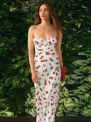 Ingvn  Woman Clothing Cherry Pattern Printed White Slip Dress  Girls Sleeveless Lace-up High Waist Slim Long Holiday Party Dresses