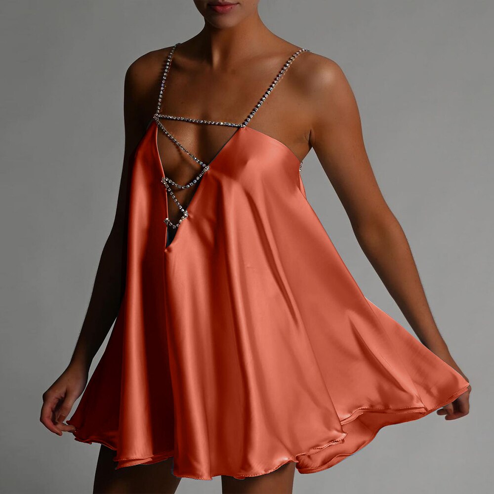 Diamante Chain Satin Low Back Swing Dress With Iridescent Crystal Straps and Neck Sexy Celebrity Party Elegant Women Dress