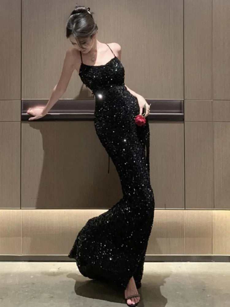 Party Dresses Women Criss Cross Sequins Backless Bandage Sleeveless Slim Vintage Sexy Party Dress Temperament Chic