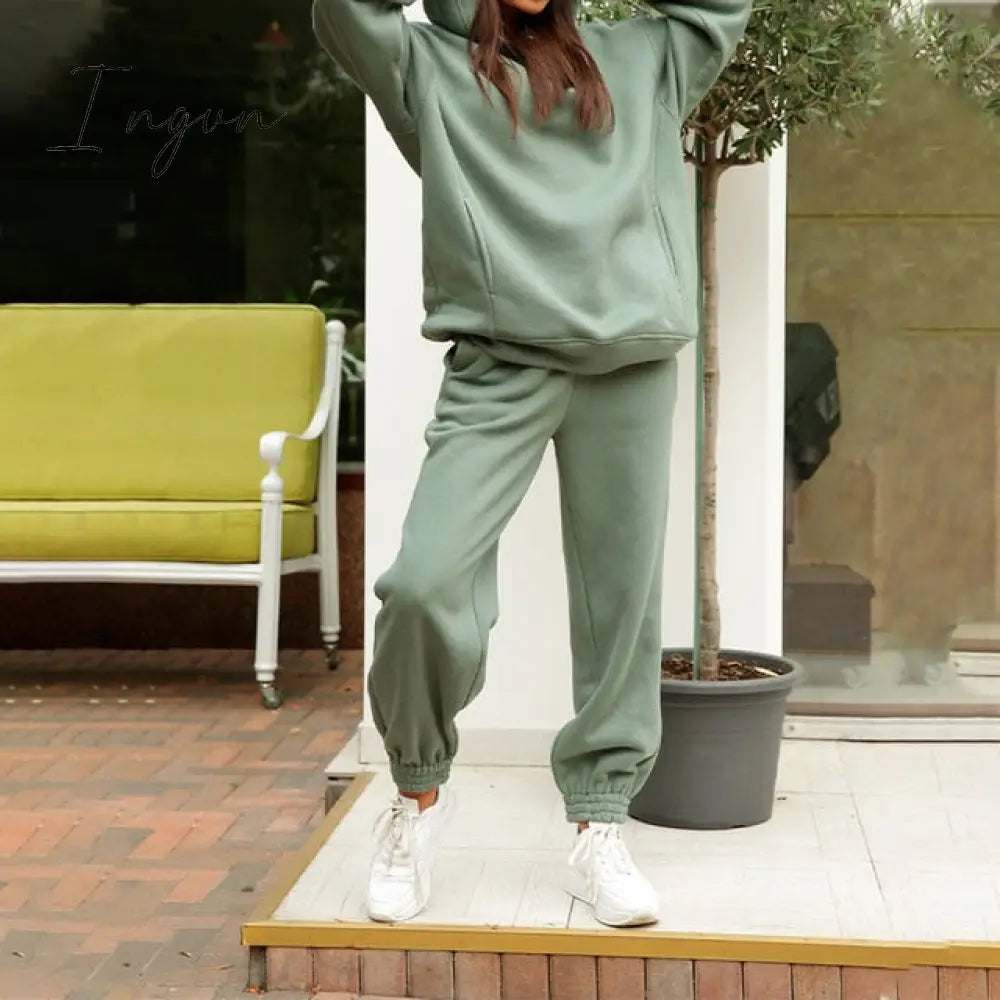 Ingvn - Women Elegant Solid Sets For Women Warm Hoodie Sweatshirts And Long Pant Fashion Two Piece Sets Ladies Lace Up Sweatshirt Suits