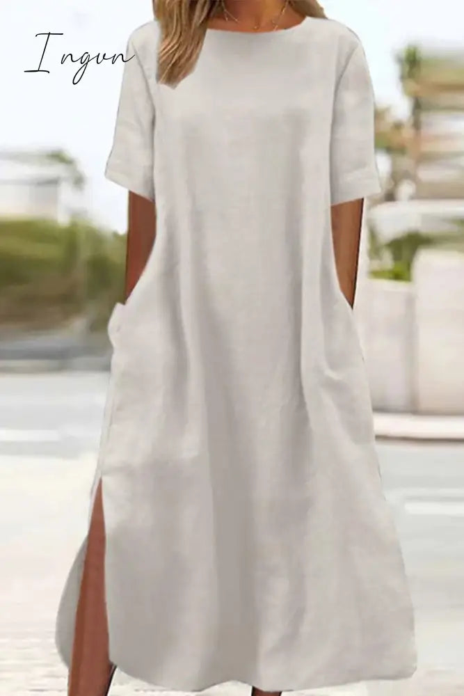 Ingvn - Casual Simplicity Leopard Pocket Slit O Neck Short Sleeve Dresses