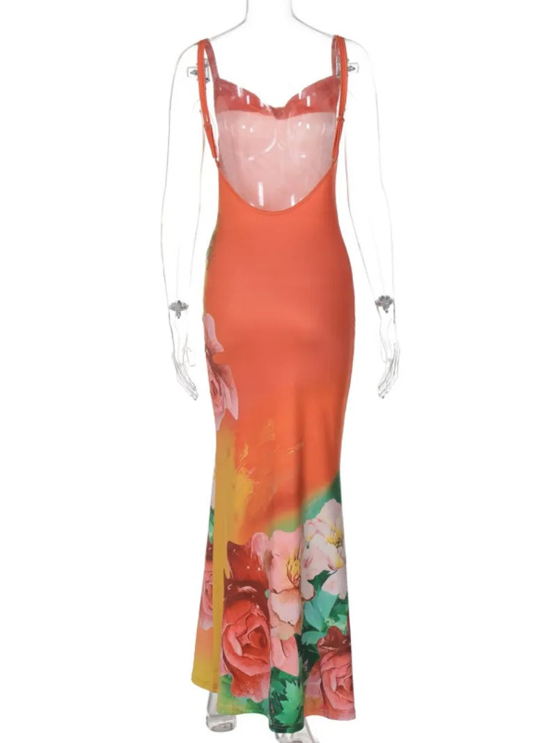 Ingvn  Summer Sexy Backless Flower Printed Long Slip Dress Streetwear Women's Sleeveless High Waist Bodycon Holiday Party Dresses