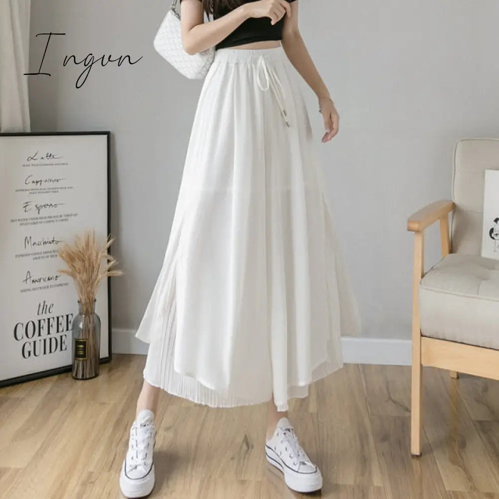 Ingvn - Spring Autumn New Style Pleated Chiffon Wide Leg Pants Fashion High Waist Drape Elegant Ankle-length Pants Skirt Trousers