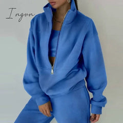 Ingvn - Women Fleece Two Piece Set Spring Winter Sports Warm Suit Casual Oversized Polo Zipper Sweatshirts And Trouser Tracksuits Set