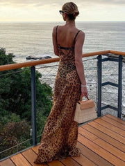 Summer Leopard Sexy See Through Dress Maxi Backless Sheer Beach Dress Lace Up Elegant Floor Length Holiday Dress