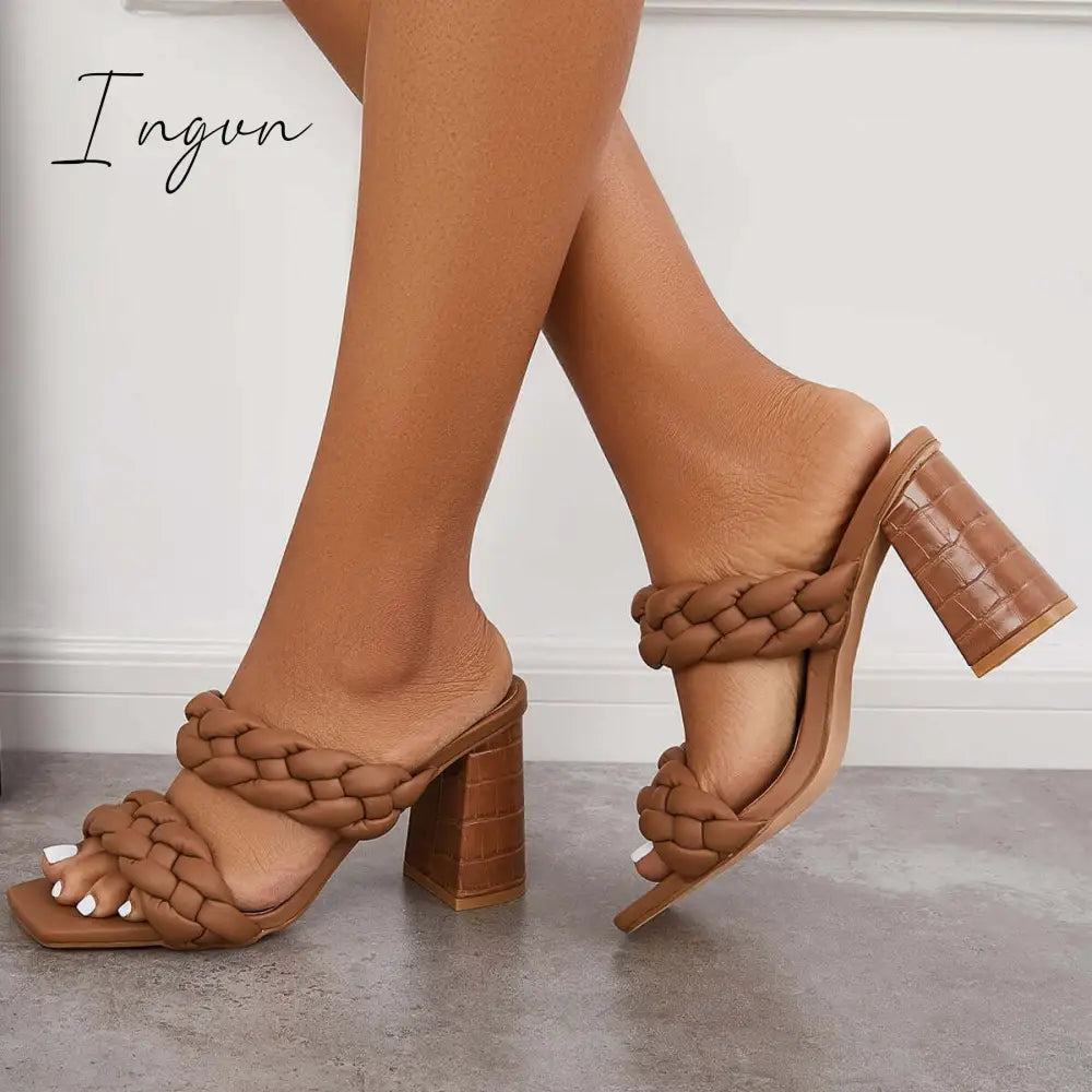 Ingvn - Square Toe Block High Heels Backless Slip on Mule Sandals