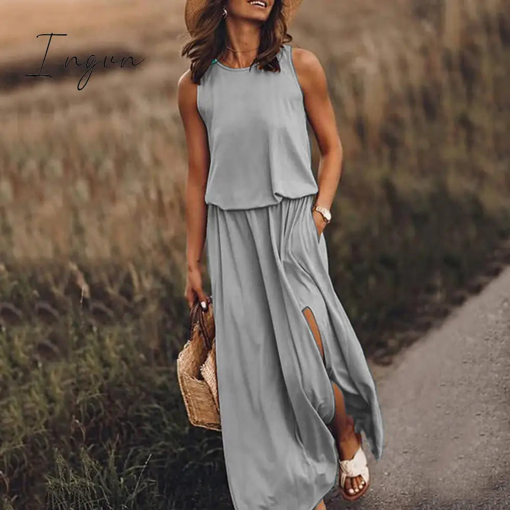 Ingvn - Summer New Oversized Casual Fashion Solid Slit Dress Ladies Sleeveless Loose Robe Dresses Women Round Neck Vestidos De Fiesta