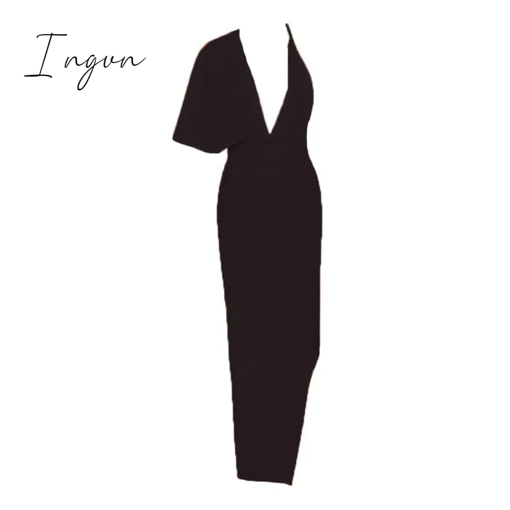 Ingvn - 2023 Fashion Trends Draped Backless Women Side Split Evening Club Party Dress New Sexy V Neck Orange Black Long Bandage Dress Vestidos