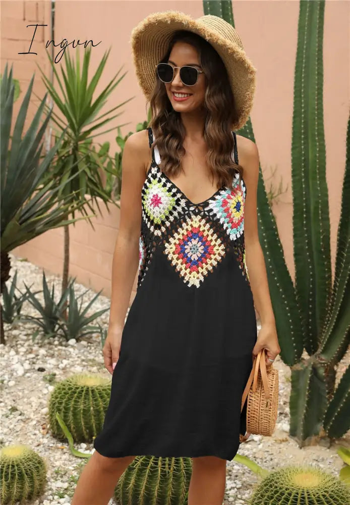 Ingvn - Crochet Beach Cover-ups Summer Tunic Cover Up saida de praia Knitted Swimsuit Ups for Women Vestido Playa Mujer White Dress