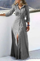 Ingvn - Casual Striped Print Buckle With Belt Turndown Collar Shirt Dress Dresses
