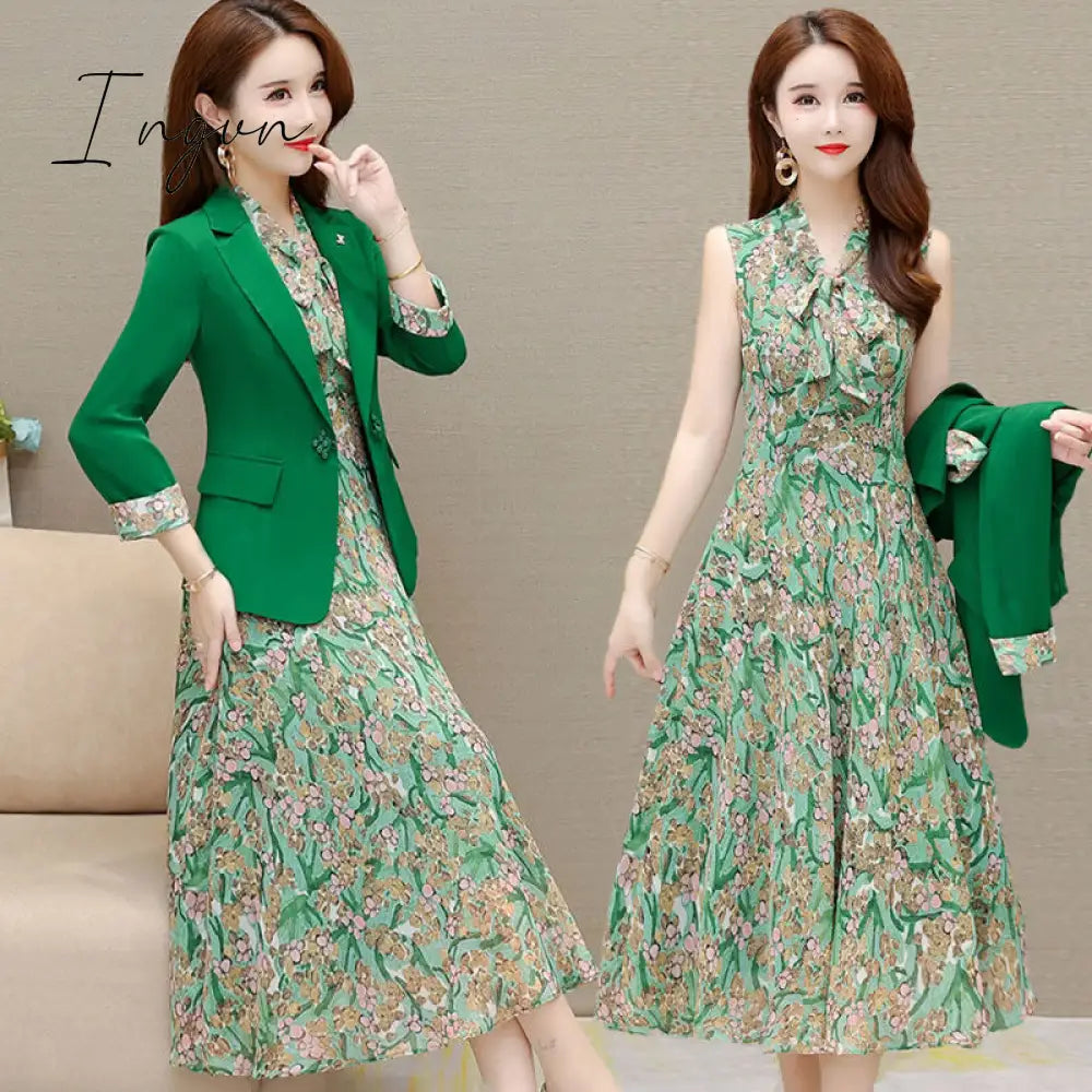 Ingvn - Spring Autumn New Suit Jacket Dress Two-piece Women's Elegant Blazers Floral Long Skirt Set Female Office Professional Wear