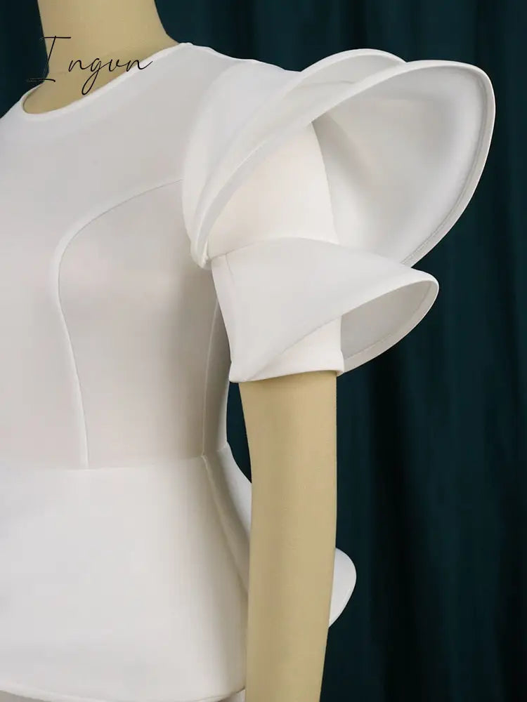 Ingvn - Women White Party Dresses Stylish Short Sleeves Ruffles Peplum Bodycon Christmas Event Birthday Wedding Guest Female Large Size
