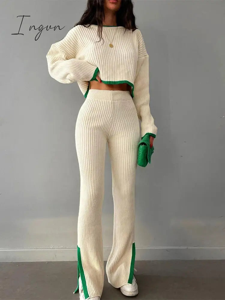 Ingvn - Clothes Outfits For Women Tracksuits Casual Tops Pants Slit Set Solid Knit Sweaters 2 Piece Matching Sets Elegant