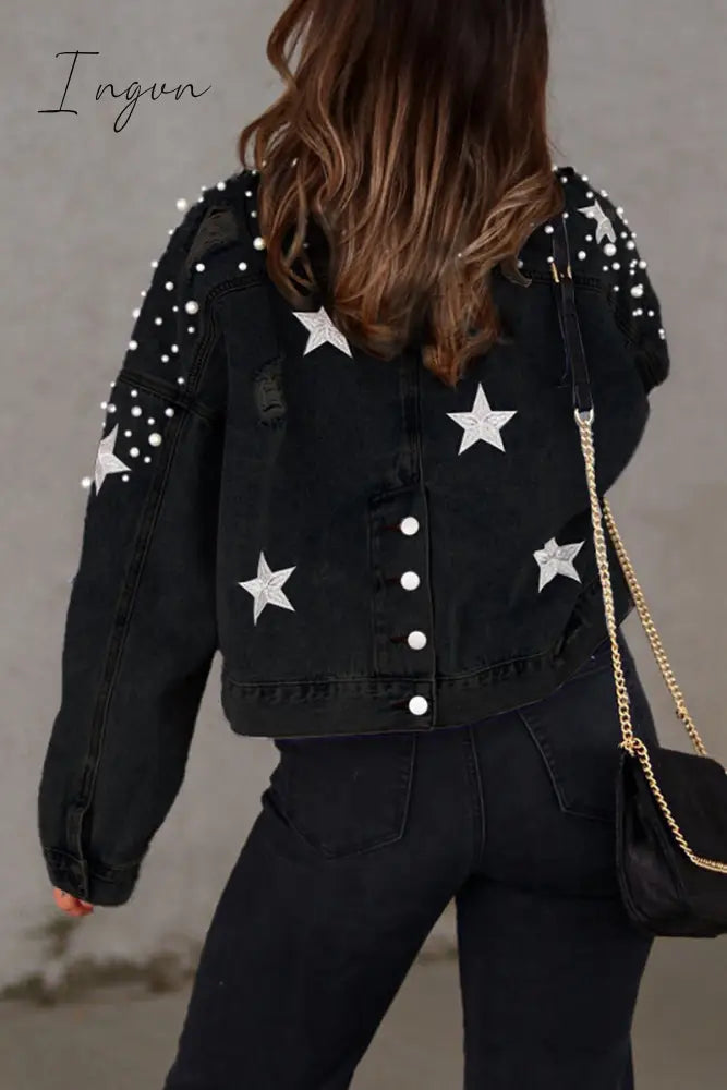 Ingvn - Casual Solid Beading Turndown Collar Long Sleeve Denim Jacket