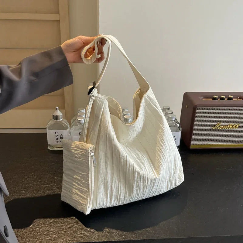 Ingvn  Low-Key Pure White Women Ruched Shoulder Bag Exquisited Nylon Pretty Versatile Crossbody Leisure Commuter Composite Bag