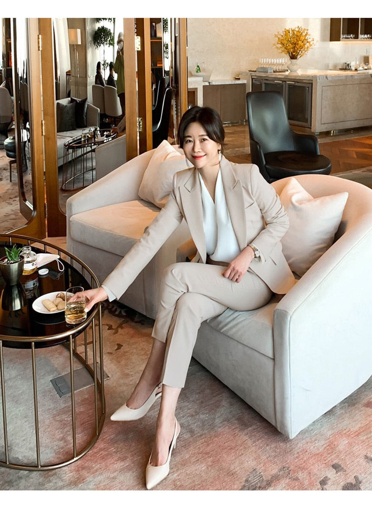 Women Spring Elegant Blazer Pantsuit Casual Jacket Pencil Pants 2 Piece Set Female Slim Fashion Korean Business Work Clothes