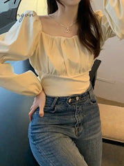 Ingvn - Elegant Blouse Women Spring Summer 2023 New French Style Square Collar Puff Sleeve Chic Shirts Ladies Casual Crop Top