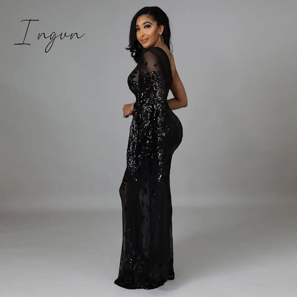 Ingvn - Sexy Mesh See Though Evening Dresses Sequins Women  Dress Dress One Shoulder Night Party Clothing Skew Collar Vestidos