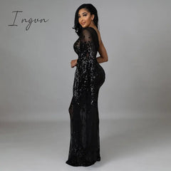 Ingvn - Sexy Mesh See Though Evening Dresses Sequins Women  Dress Dress One Shoulder Night Party Clothing Skew Collar Vestidos