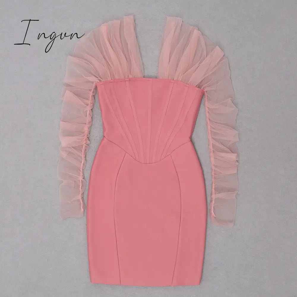 Ingvn - Fashion Trends Summer Women Sexy Off Shoulder Long Sleeve Backless Mesh Pink Mini Bodycon Bandage Dress Elegant Evening Club Party Dress