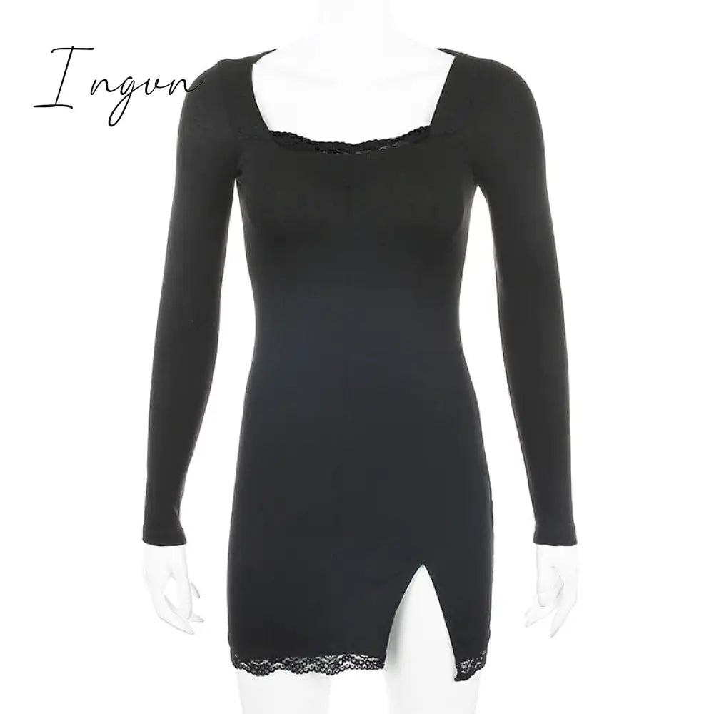 Ingvn - Women Winter Dress Women New Arrivals Sexy Long Sleeve Lace Split Black White Solid Party Dresses Vestidos