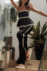 Ingvn - Casual Ripple Draw String Backless Contrast Sleeveless Two Pieces
