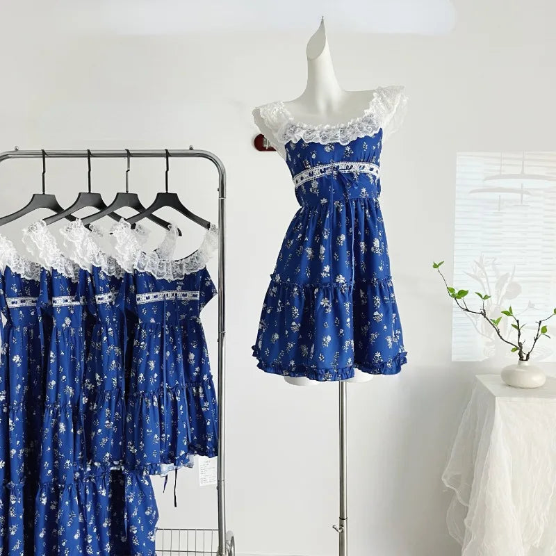 New Vintage Blue Lace Floral Dress Woman Holiday Sext Backless Midi Dress Casual Sleeveless Korean Fashion Dress Chic