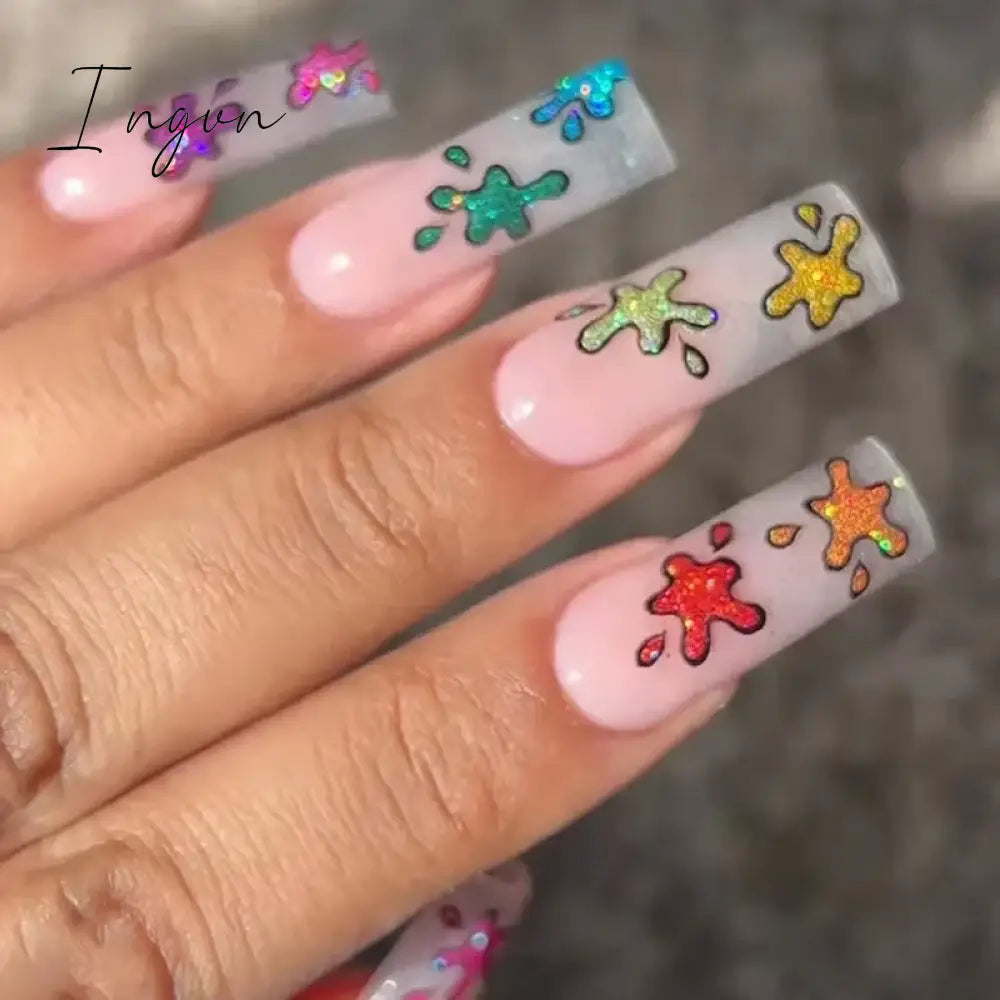 24pcs Artifical Bails With Glue Fake Nail Tips With Design Detachable Press On Nails Long Fake Nail Finished Nail Piece Sticker