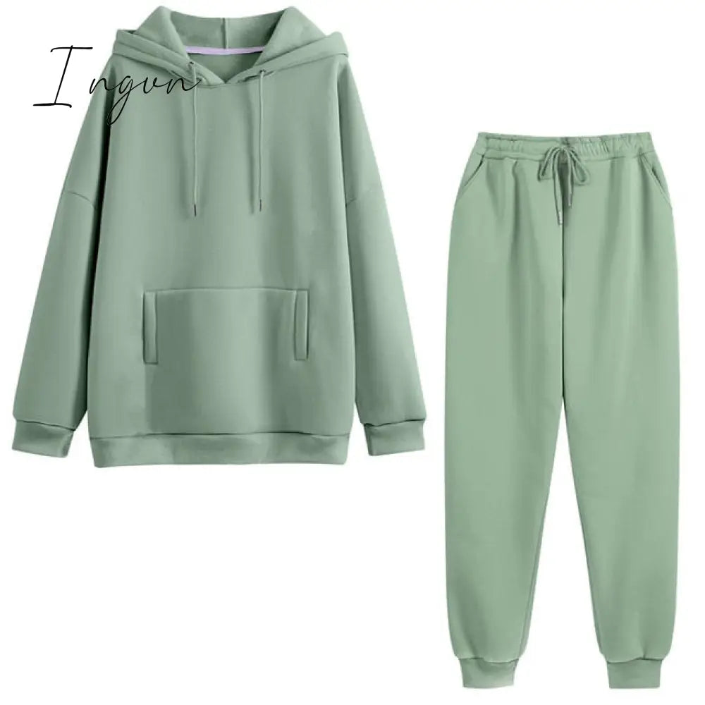 Ingvn - Autumn Hoodies Women Two Piece Set Solid Fleece Oversized Tracksuits Winter Thick Warm Hooded Sweatshirt Jogger Pants Suit