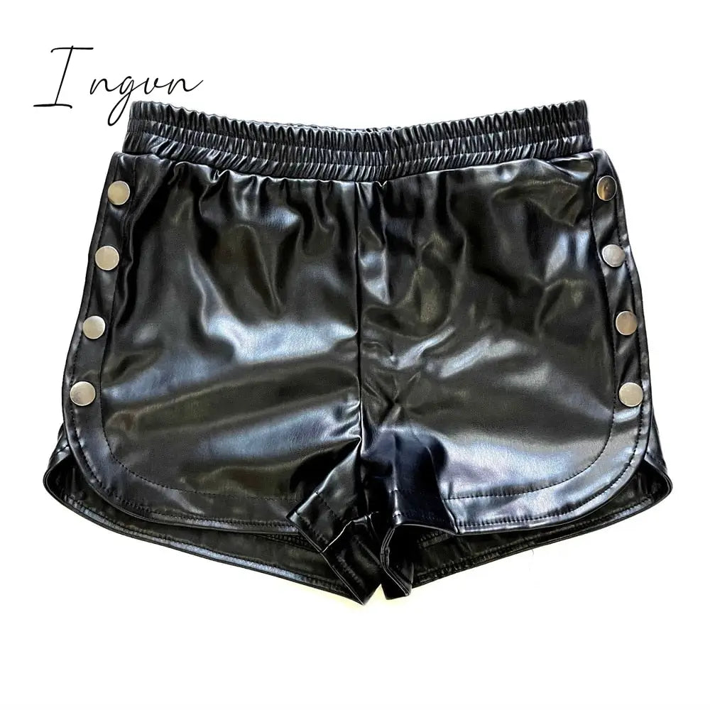 Ingvn - Sexy Side Buttons Women Black Ultra Pu Leather Shorts Women's Summer High Waist Split Solid Bottoms Tight Sexy Club Shorts