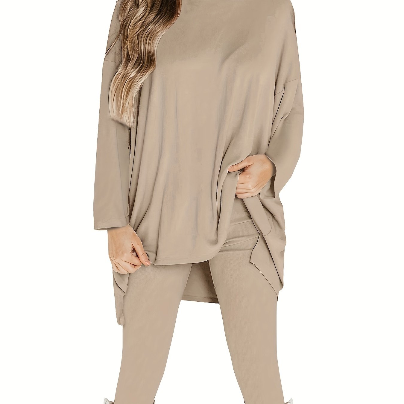 Plus Size Casual Outfits Set, Women's Plus Solid Long Sleeve Round Neck Oversized Top & Leggings Outfits Two Piece Set