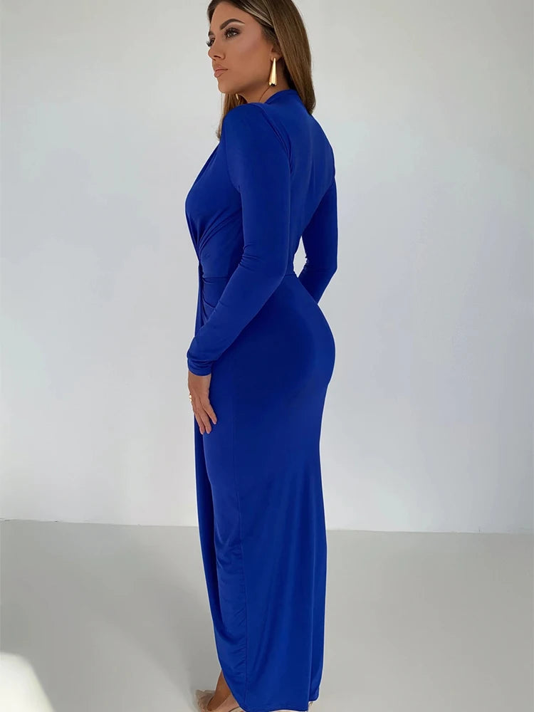 Side Split Pleated Evening Dress Women Sexy Slim High Waist Elegant Party Robe Bodycon Deep V Neck Bandage Ladies Dress