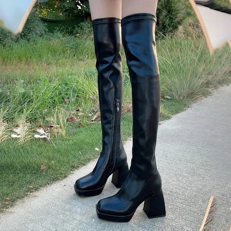 Women High Heels Shoes Platform Chunky Chelsea Boots Winter New Trend Over The Knee Boots Pumps Punk Sexy Motorcycle Botas