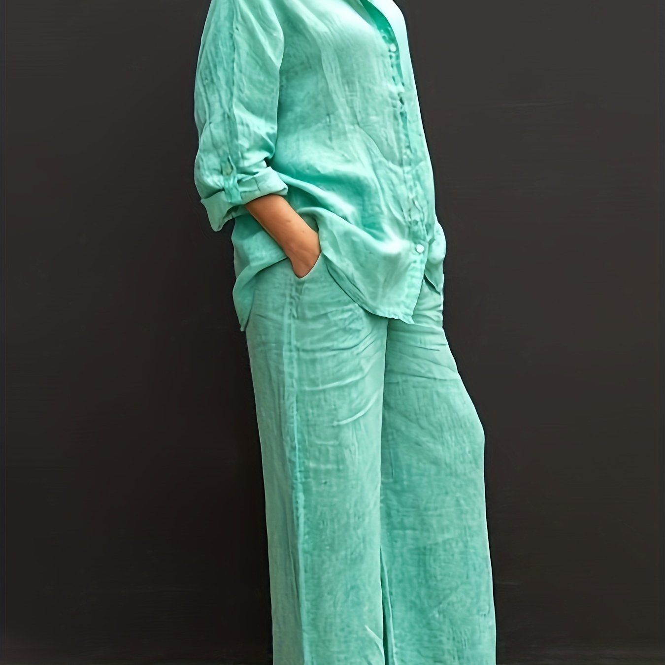 Two-Piece Solid Color Chic Pantsuit Set - Women's Casual Long Sleeve Shirt & Elastic Waist Pants Outfits with Comfortable Fabric and Versatile Style for Daily Wear