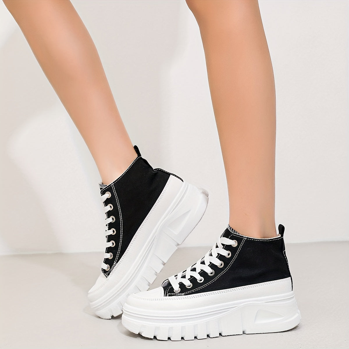 High-top Heightening Women's Canvas Solid Color Casual Sneakers, Lace Up Platform Soft Sole Walking Skate Shoes