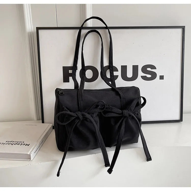 Ingvn  Japanese Ins Style Shoulder Bag For Commuter Lightful Zipper Nylon Tote Bag Female Casual Large Capacity Bow Bag