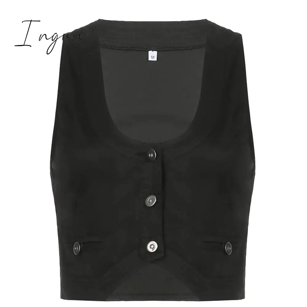 Ingvn - y2k Button Corset Top Black Sleeveless Tank Tops Skinny V Neck Aesthetic Punk Crop Top Grunge Fairycore Women Vests
