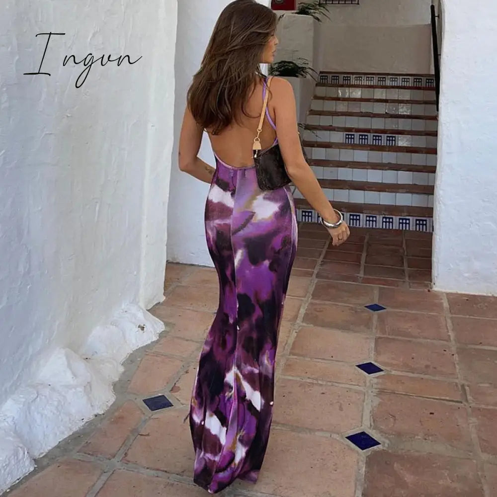 Ingvn - Fashion Print Sexy Backless Party Maxi Dresses Elegant Summer Holiday Slip Maxi Dresses Clubwear Outfits Vestido