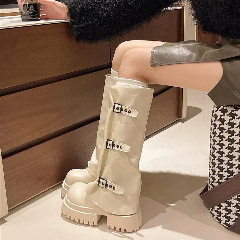 Ingvn  Vintage Belt Buckle Women Western Cowgirl Boots Fashion Platform Thick Heel Shoes Ladies Concise Long Botas De Mujer