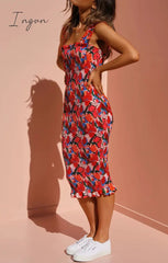 Ingvn- Sexy Vintage Floral Flounce Square Collar Wrapped Skirt Dresses