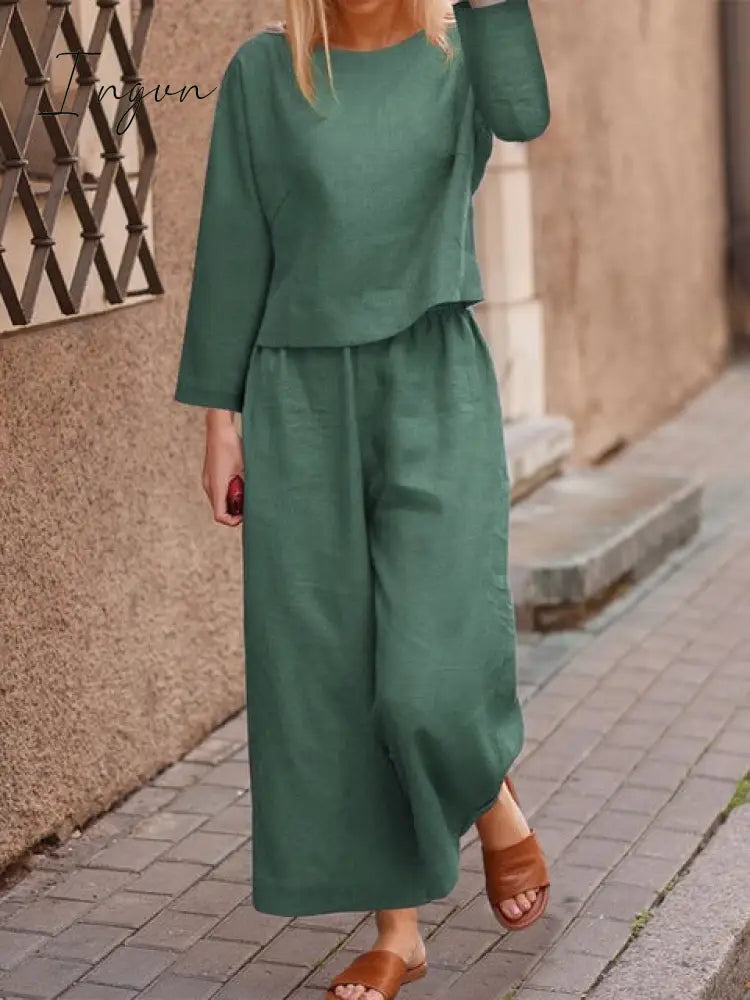 Ingvn - Plus Size 5XL Cotton Women's Pantsuit Suit Loose O-neck Top Wide-leg Trouser Suits Female Spring Fashion Casual Set Ladies