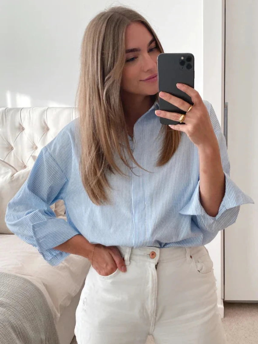 Ingvn  Chic Striped Women Shirt Loose 100% Cotton Shirts Tops Ladies Casual Lapel Oversized Lace Up Blouse Women Tops Blouse