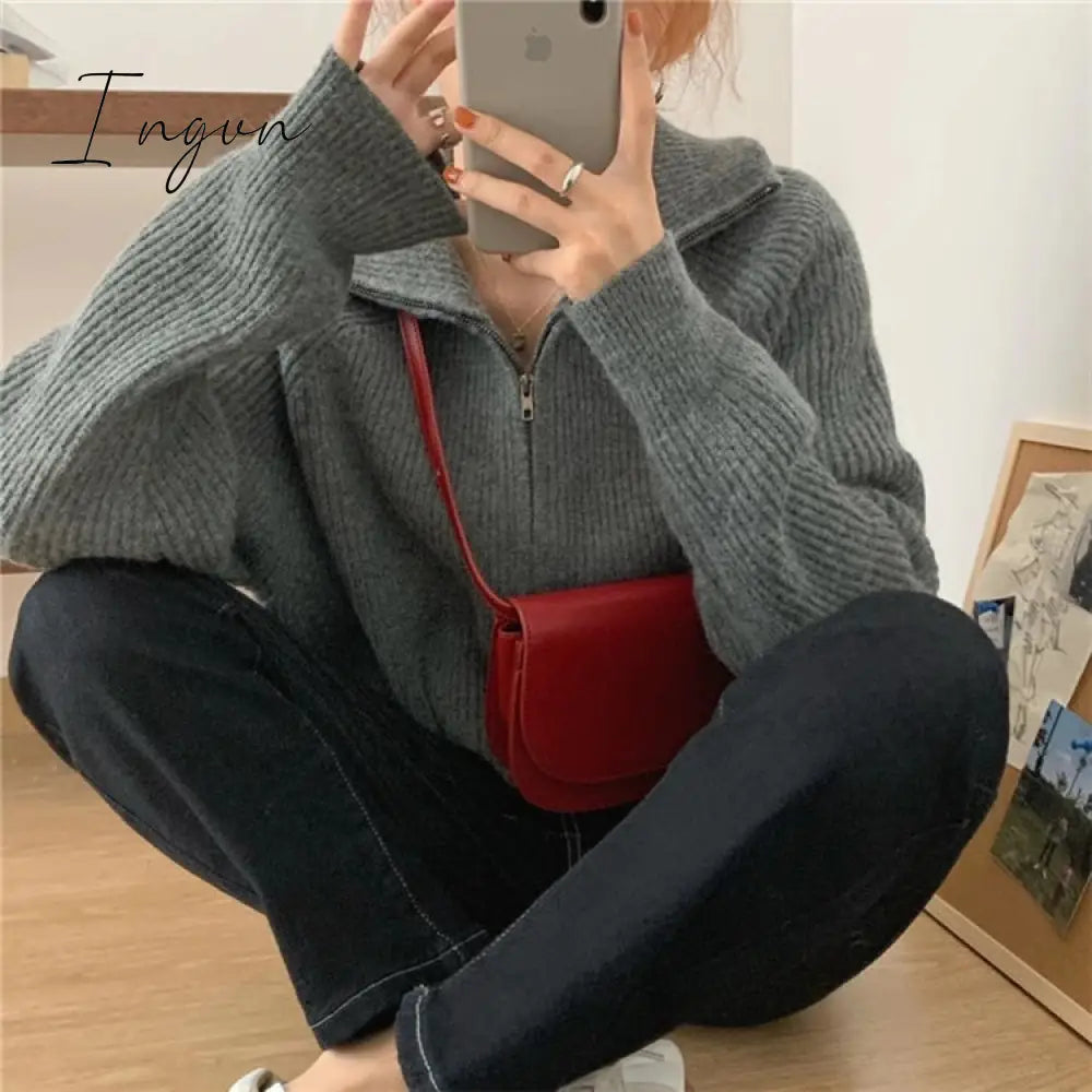Ingvn - Deeptown Casual Knitted Cardigan Sweaters Women Autumn Vintage Zip-up Solid Loose Long Sleeve Tops Knitwear Chic Kpop