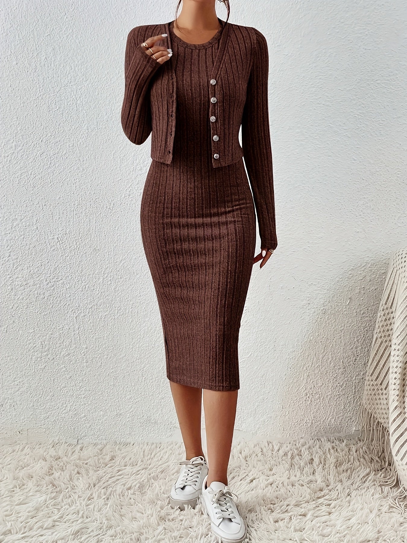 Chic Solid Two-Piece Set - Flattering Single-Breasted Cardigan & Sleeveless Bodycon Dress Outfit - Perfect for Casual or Formal Wear - Womens Fashion Clothing
