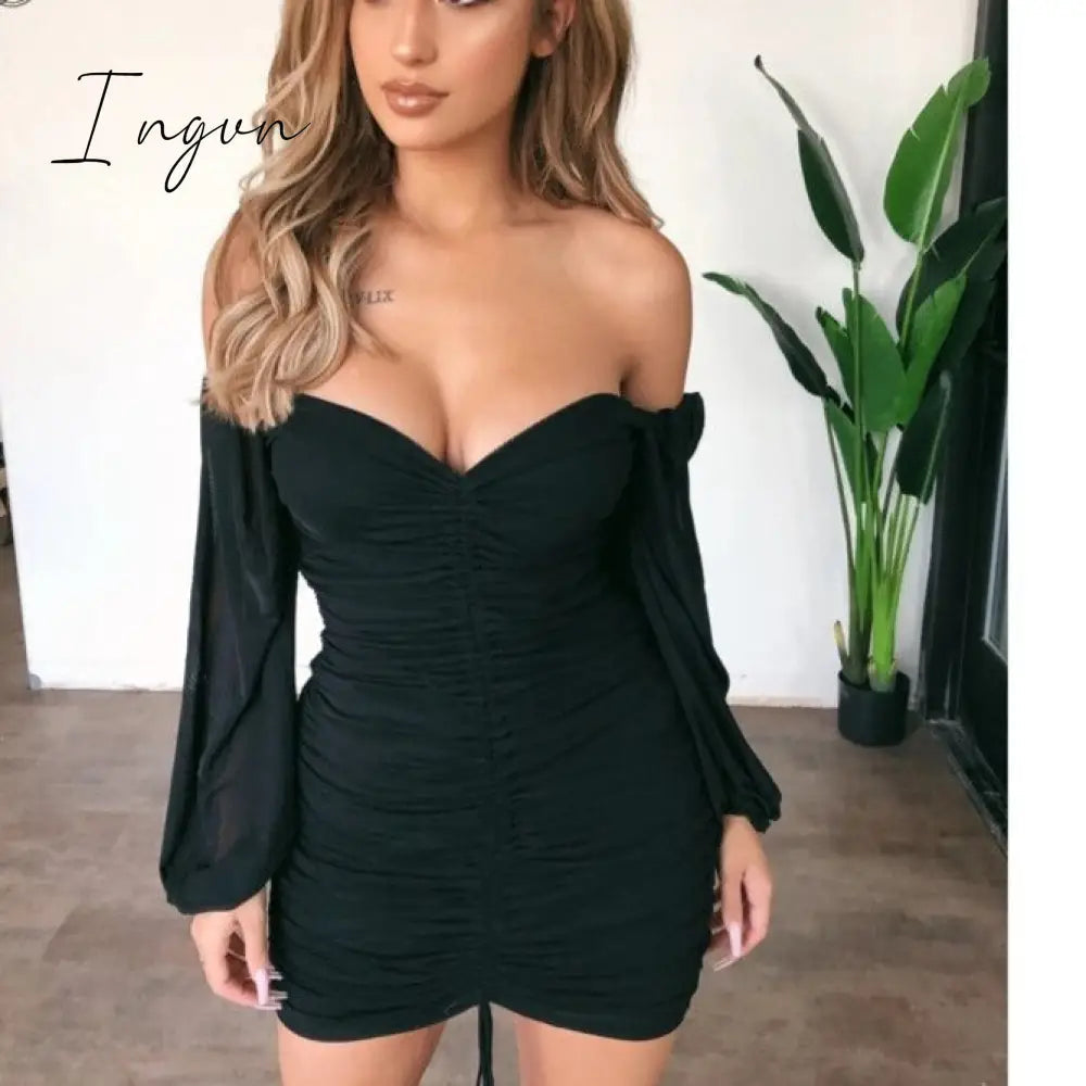 Ingvn - White Summer Dress Women Pleated Bodycon zipper Club Party Sexy Dresses long Sleeve Mini Elegant Dress Vestido Bandage