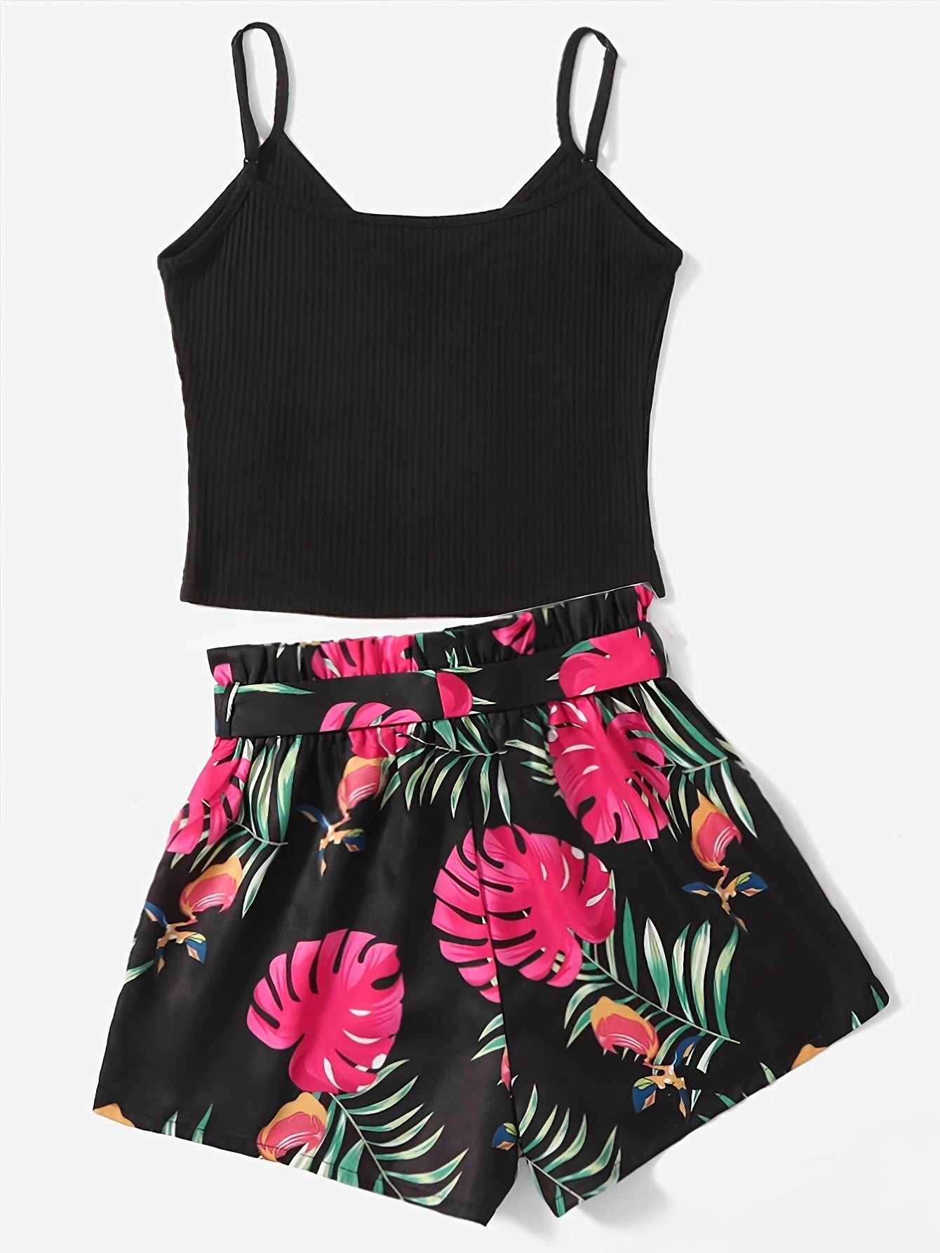 Lightweight Womens Vacation Shorts Outfit Set - Sleeveless V-Neck Cami Top with Vibrant Plants Print & Belted Paperbag Waist Loose Shorts - Effortless Summer Style Two-Piece Ensemble