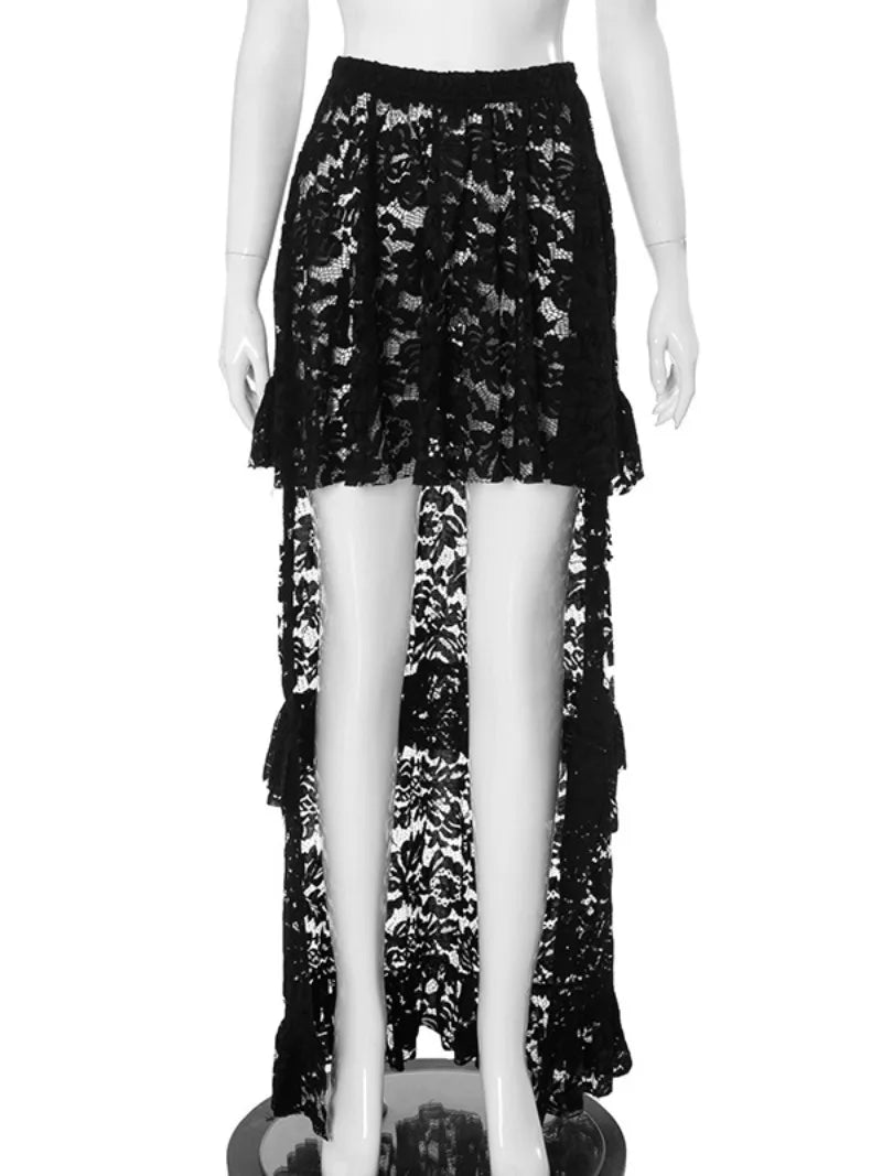 Ingvn  Woman Clothing Sexy High Waist Long Skirts Fashion See-through Ruffles Skirt White Black Evening Party Dresses Y2K Streetwear