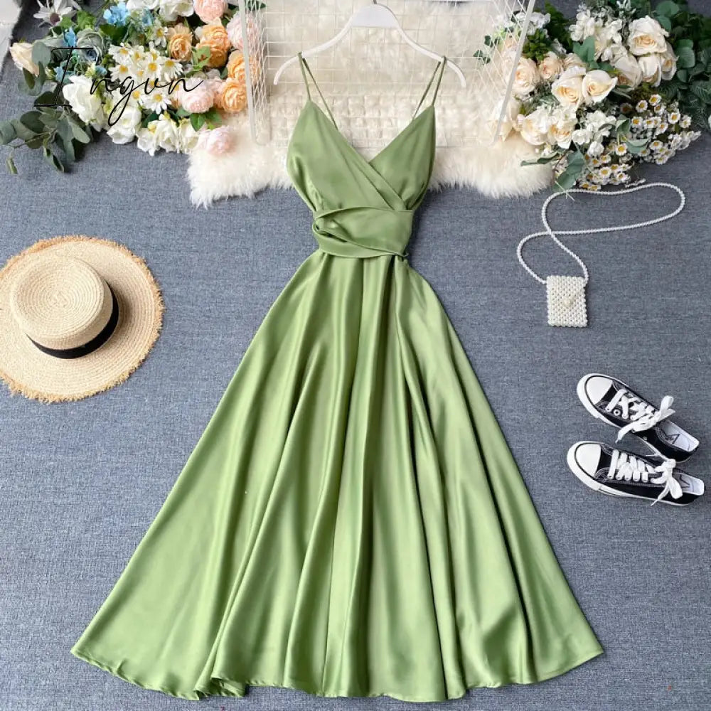 Ingvn - Boho Slim V Neck Summer bandage backless Maxi Long Dress Women Casual spaghetti strap Party Beach Holiday elegant tunic dress
