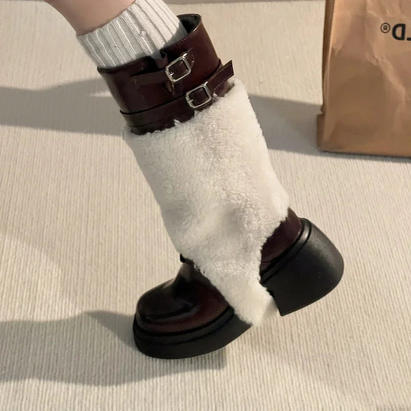Ingvn  Platform Women Knee-High Boots Fashion Fur Removable Shoes Autumn Winter Thick Heel Women's Knight Long Booties